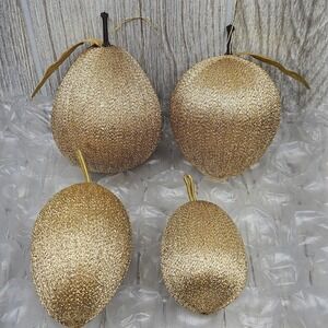 Vintage Gold Glitter Fruit Ornaments Set Pear Apple Lemon Holiday Decor Lot of 4